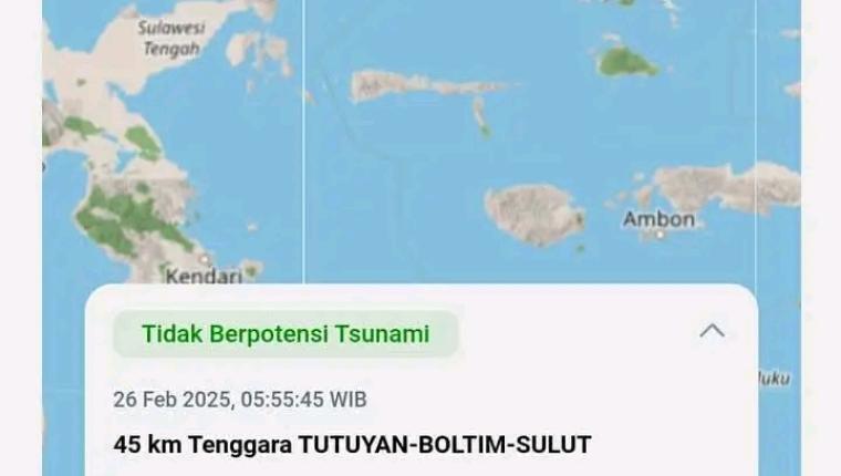 Gempa Puluhan Kali di Boltim, Tidak Berpotensi Tsunami