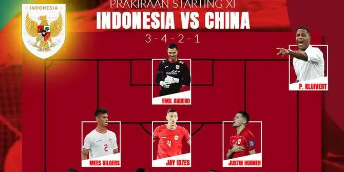 Susunan Pemain Timnas Indonesia vs China: Emil Audero Debut, Kluivert Buat Kejutan