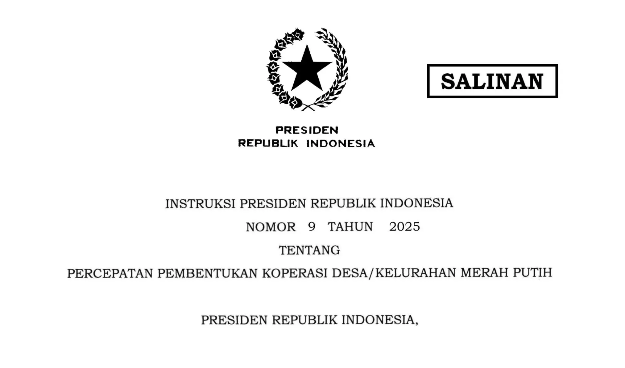Inpres 9/2025 tentang Percepatan Pembentukan Koperasi Desa/Kelurahan Merah Putih