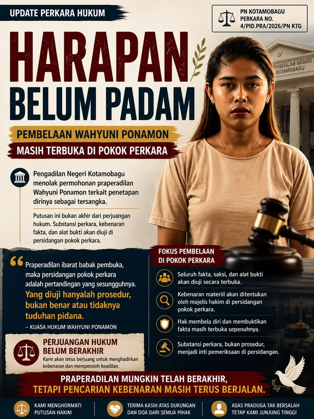 Praperadilan Ditolak, Harapan Belum Padam: Pembelaan Wahyuni Ponamon Masih Terbuka di Pokok Perkara