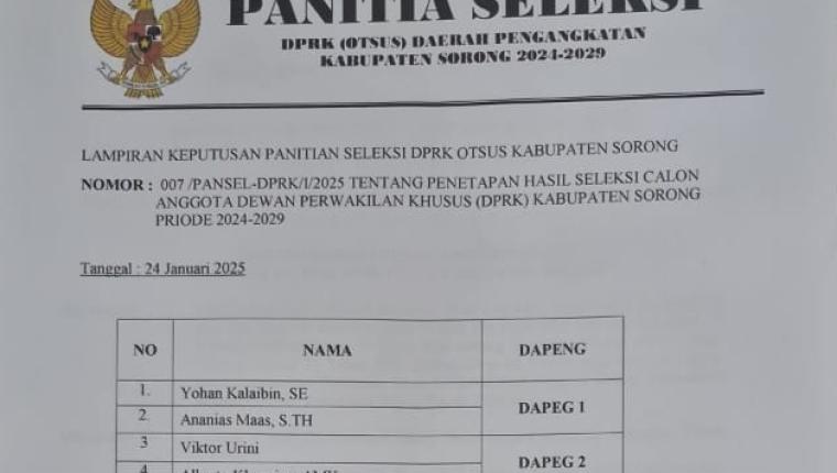 Panitia Seleksi DPRK Otsus Kabupaten Sorong Tetapkan Hasil Seleksi Anggota DPRK Periode 2024-2029