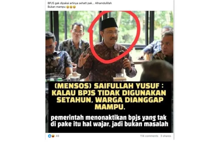 [SALAH] Hoaks! Mensos katakan BPJS tidak dipakai dalam satu tahun terhitung warga mampu