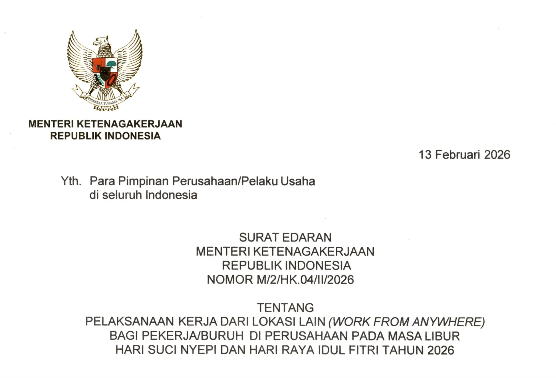 Menaker Terbitkan Ketentuan WFA bagi Pekerja di Sektor Swasta pada Libur Nyepi dan Idulfitri