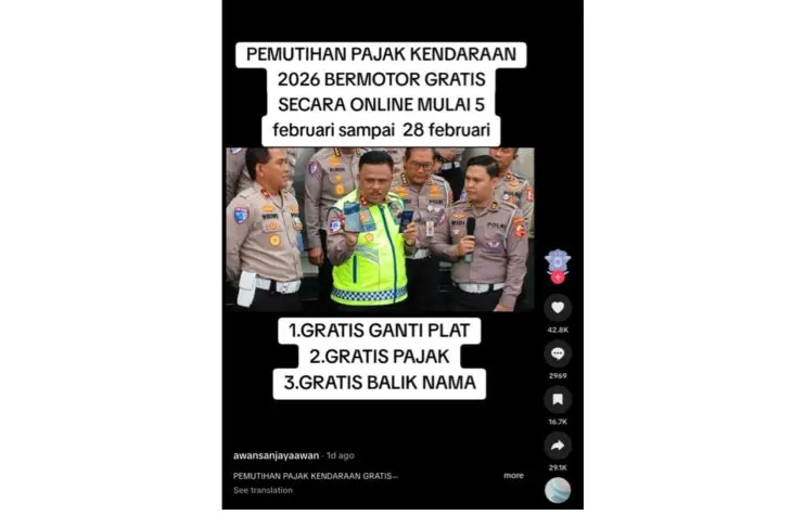 [SALAH] Hoaks! Akun pemutihan pajak kendaraan bermotor mulai 5-28 Februari Korlantas Polri